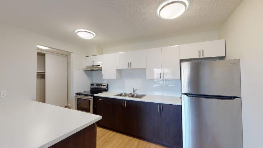 Renovated kitchen with stainless steel appliances, island counter, and dark brown and white cabinets