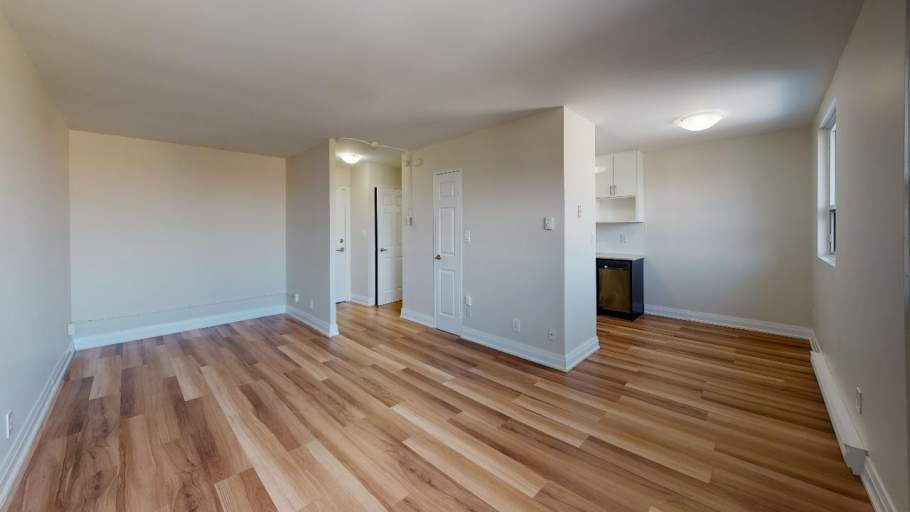 Bright and spacious living room with laminate flooring and attached kitchen